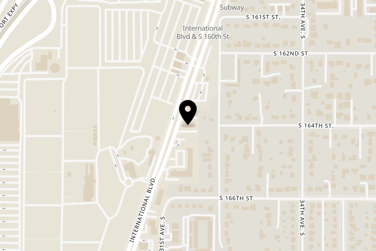 Map showing the location of Halal Eats Food Hall on 16324 International Blvd in Seattle